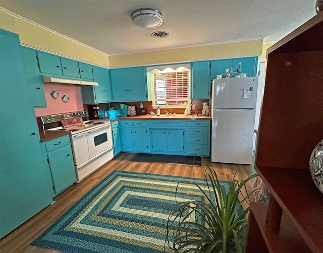 kitchen with dark hardwood / wood-style flooring, white appliances, blue cabinets, and ornamental molding