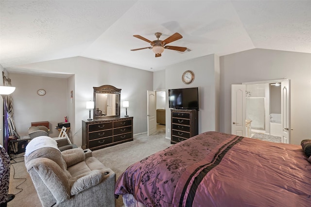 bedroom with light carpet, a textured ceiling, ceiling fan, and lofted ceiling