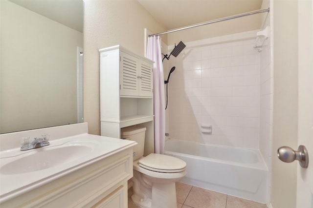 full bathroom with tile patterned flooring, vanity, shower / tub combo, and toilet