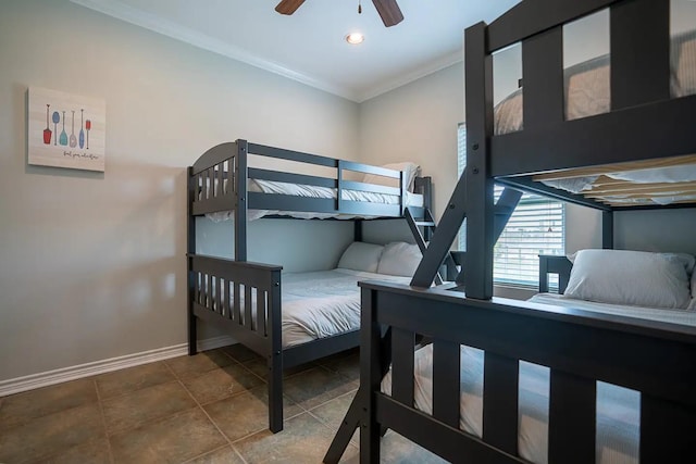 tiled bedroom featuring ceiling fan and crown molding