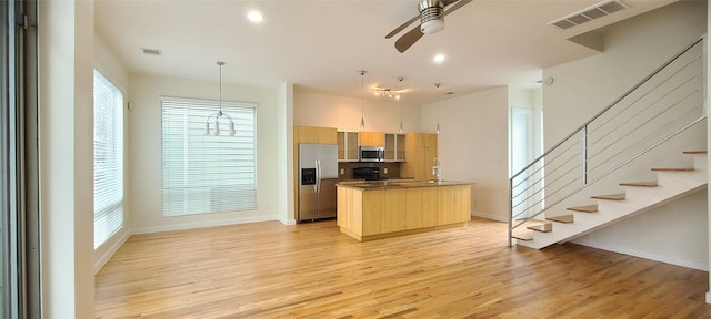 kitchen featuring plenty of natural light, stainless steel appliances, and light hardwood / wood-style floors