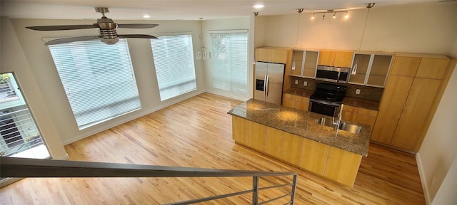 kitchen with dark stone counters, a wealth of natural light, stainless steel appliances, and light hardwood / wood-style floors