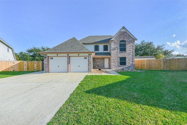 view of front of property with a garage and a front lawn