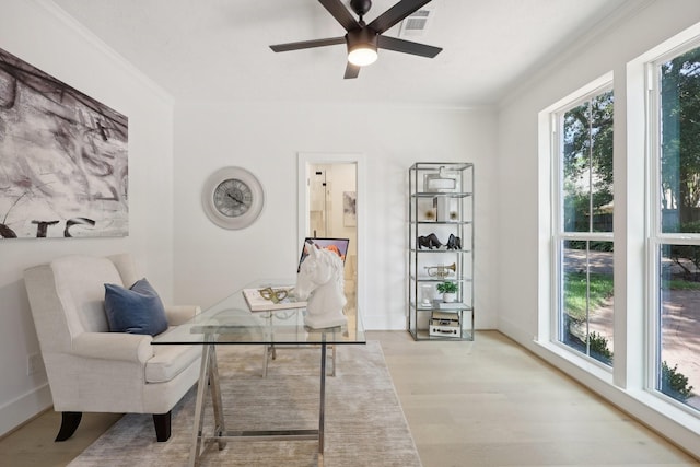 home office with ceiling fan, light hardwood / wood-style flooring, and ornamental molding