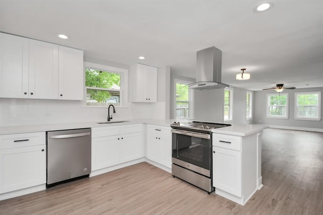 kitchen featuring sink, a healthy amount of sunlight, island exhaust hood, and stainless steel appliances