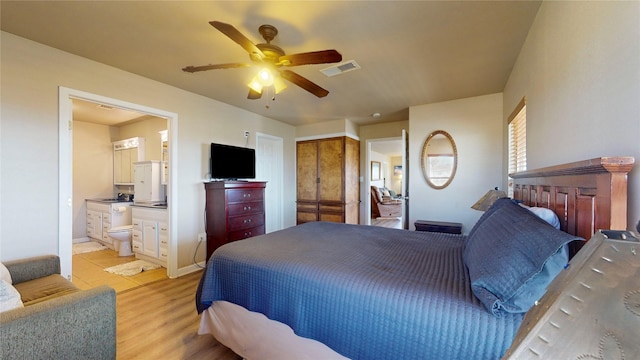 bedroom featuring ensuite bath, ceiling fan, and light hardwood / wood-style floors