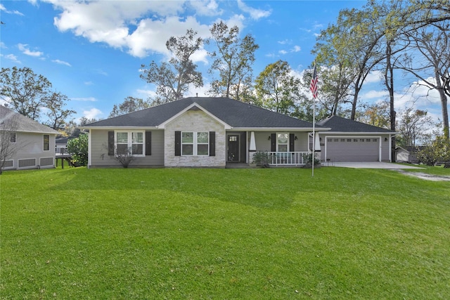 ranch-style home with a porch, a garage, and a front lawn