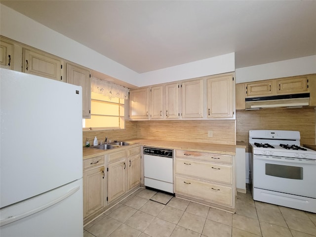 kitchen with light brown cabinets, white appliances, backsplash, sink, and light tile patterned floors