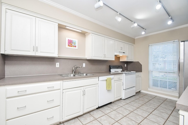 kitchen with white appliances, sink, light tile patterned floors, ornamental molding, and white cabinetry