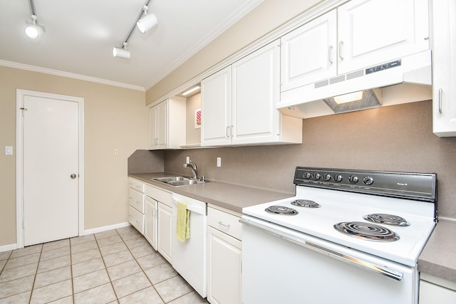 kitchen with sink, rail lighting, crown molding, white appliances, and white cabinets