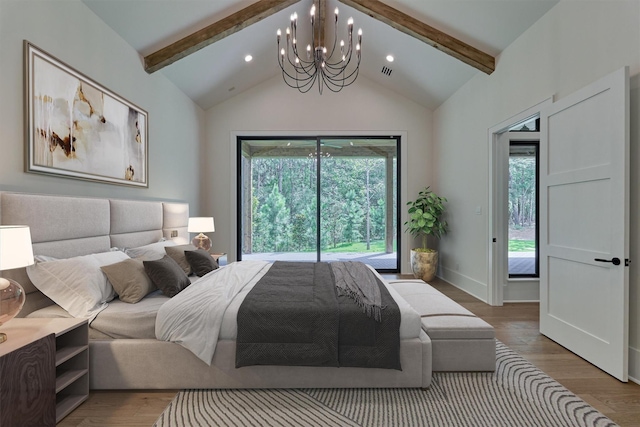 bedroom featuring lofted ceiling with beams, wood-type flooring, access to outside, and a chandelier