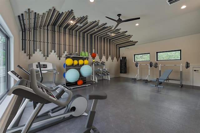 workout area with ceiling fan