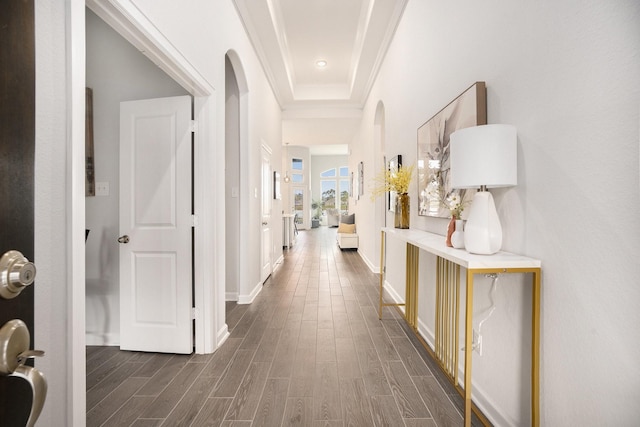 hall featuring dark hardwood / wood-style flooring and a tray ceiling