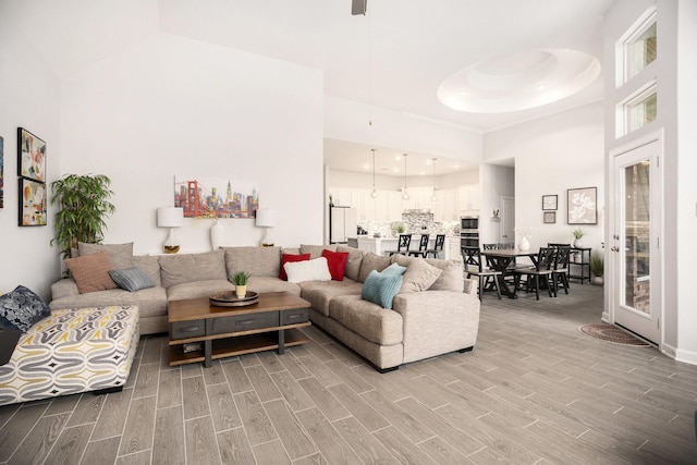 living room with a high ceiling and light hardwood / wood-style flooring