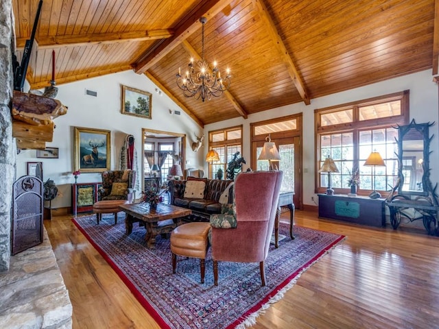 living room featuring wood ceiling, hardwood / wood-style flooring, high vaulted ceiling, beamed ceiling, and a chandelier