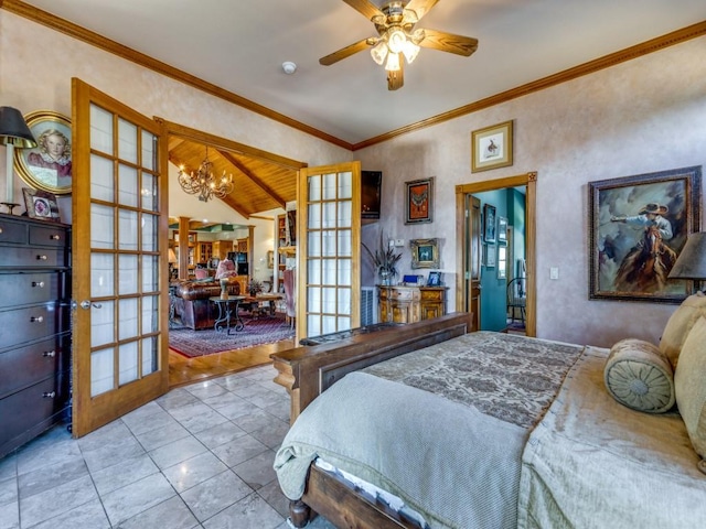 tiled bedroom featuring french doors, ceiling fan with notable chandelier, vaulted ceiling, and ornamental molding