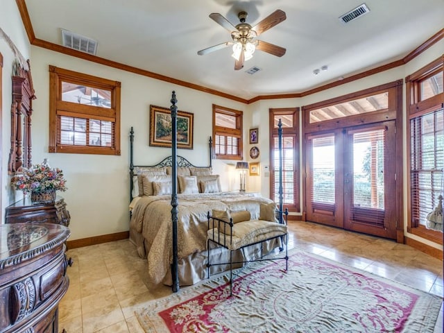 bedroom featuring access to exterior, ceiling fan, french doors, light tile patterned floors, and ornamental molding