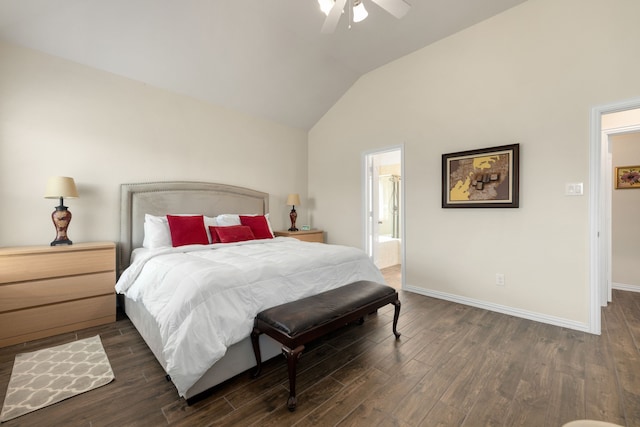 bedroom featuring ceiling fan, dark hardwood / wood-style flooring, ensuite bathroom, and high vaulted ceiling