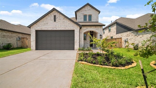 french country inspired facade featuring a garage and a front lawn