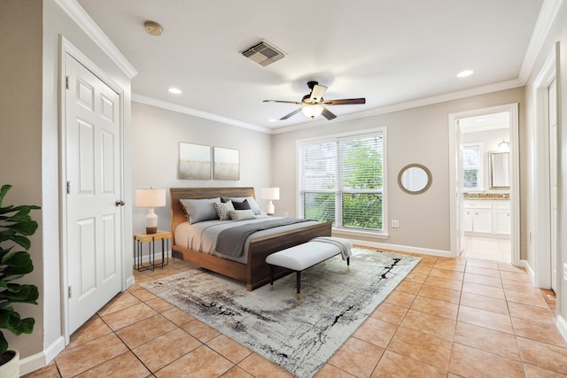 bedroom featuring ceiling fan, light tile patterned floors, and ornamental molding