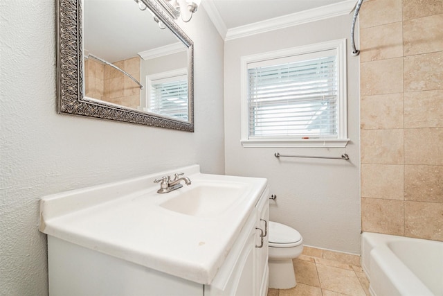 full bathroom with ornamental molding, vanity, tile patterned flooring, toilet, and tiled shower / bath