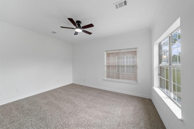 empty room featuring carpet, ceiling fan, and ornamental molding