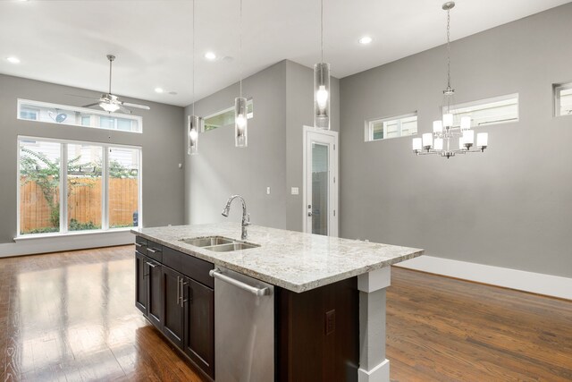 kitchen with sink, stainless steel dishwasher, ceiling fan, an island with sink, and dark brown cabinets