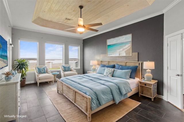 bedroom with ceiling fan, wood ceiling, and ornamental molding