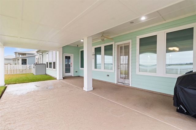 view of patio featuring ceiling fan and grilling area