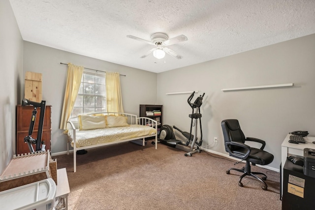 office space featuring ceiling fan, carpet, and a textured ceiling