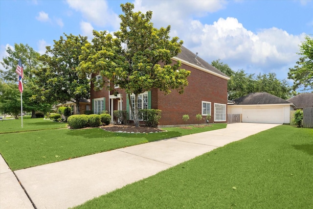 view of front facade featuring a garage, brick siding, an outdoor structure, and a front lawn