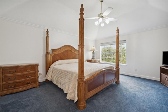 bedroom featuring lofted ceiling, baseboards, dark carpet, and crown molding