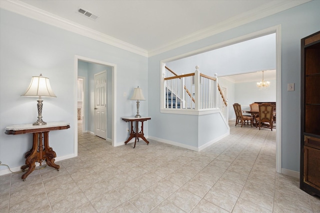 interior space featuring visible vents, baseboards, stairway, crown molding, and a notable chandelier