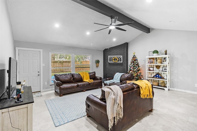 living room with lofted ceiling with beams and ceiling fan