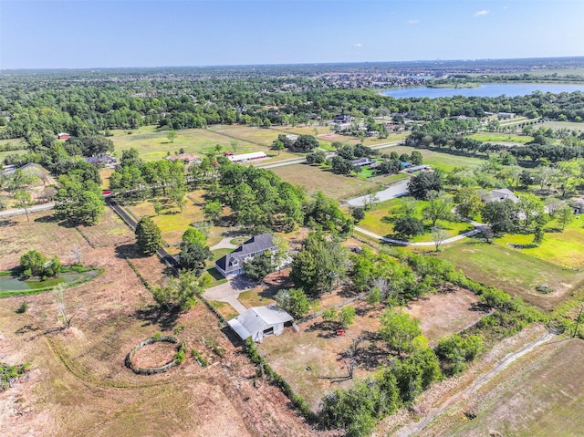 aerial view featuring a water view and a rural view