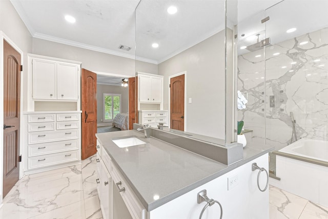 bathroom with vanity, separate shower and tub, ceiling fan, and crown molding