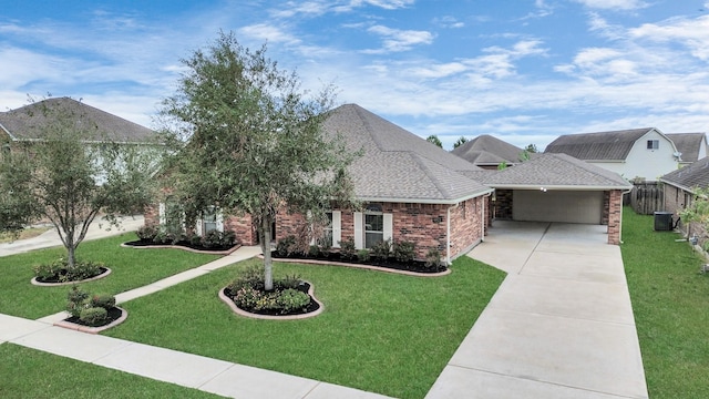 view of front of property featuring a front yard, central AC, and a garage