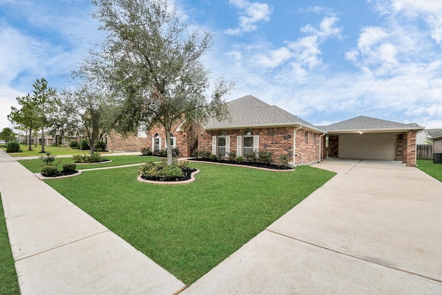 ranch-style house featuring a front yard and a garage