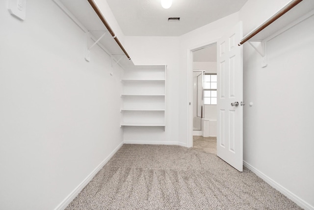 walk in closet with light carpet