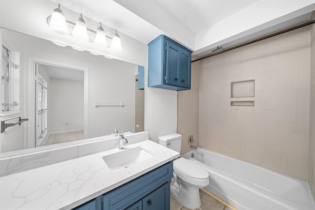 full bathroom featuring toilet, vanity, shower / bath combination, and tile patterned floors