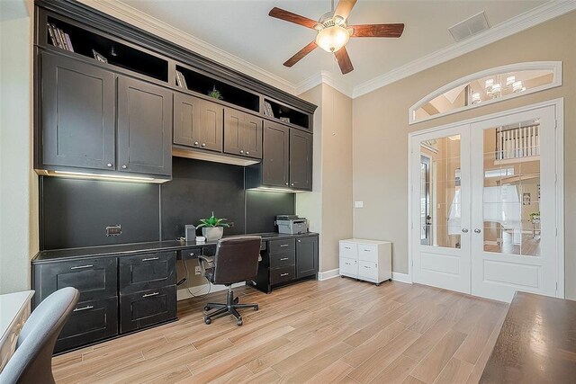 office with french doors, light hardwood / wood-style flooring, ceiling fan, and crown molding