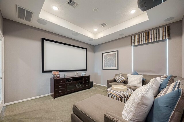 carpeted cinema room featuring a raised ceiling