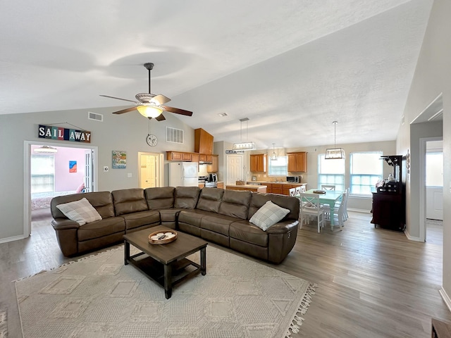 living room with ceiling fan, lofted ceiling, and light hardwood / wood-style flooring