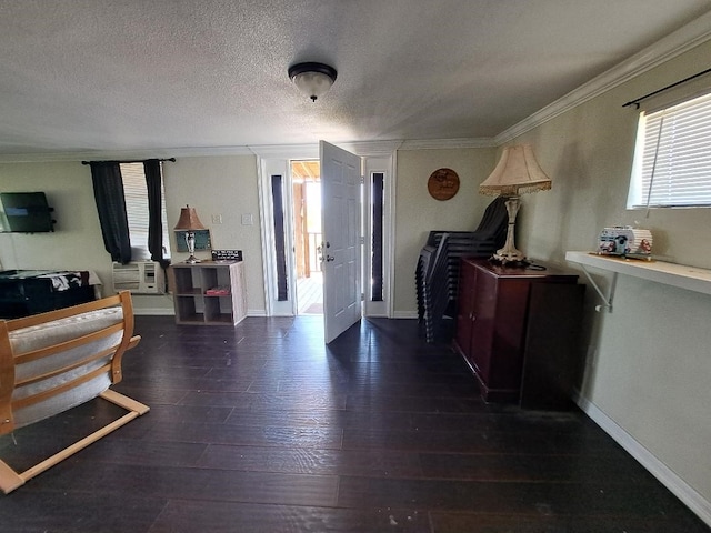 interior space with ornamental molding, a textured ceiling, and dark wood-type flooring