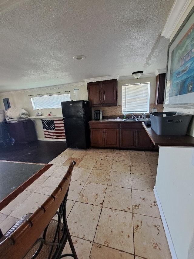 kitchen with dark brown cabinetry, black refrigerator, a healthy amount of sunlight, and sink