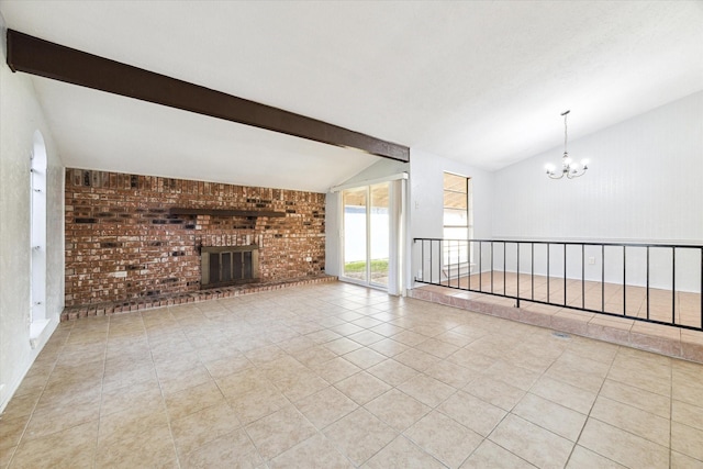 unfurnished living room featuring lofted ceiling with beams, brick wall, a chandelier, a fireplace, and light tile patterned floors