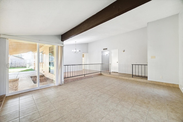 tiled empty room featuring vaulted ceiling with beams and a chandelier