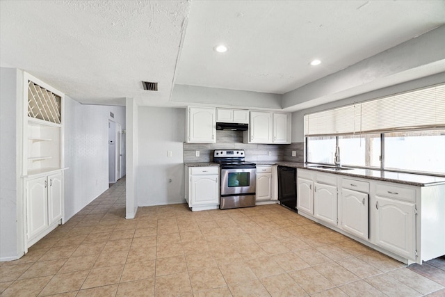 kitchen featuring dishwasher, sink, tasteful backsplash, stainless steel range with electric stovetop, and white cabinets