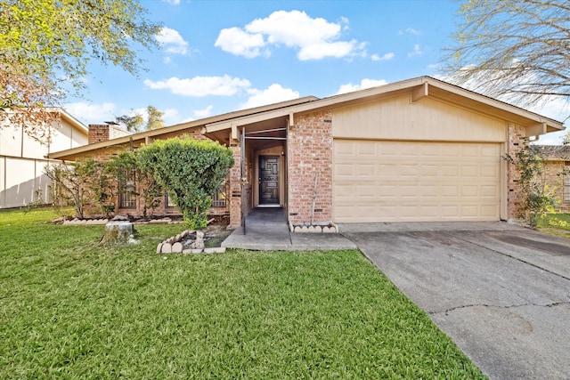 ranch-style home with a garage and a front lawn