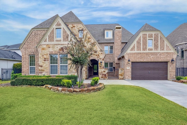 view of front of property with a front lawn and a garage